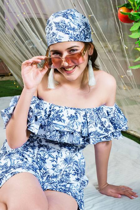 Buy_Hoity Moppet_Blue Georgette Ruffles Capri Botanical Print Playsuit 