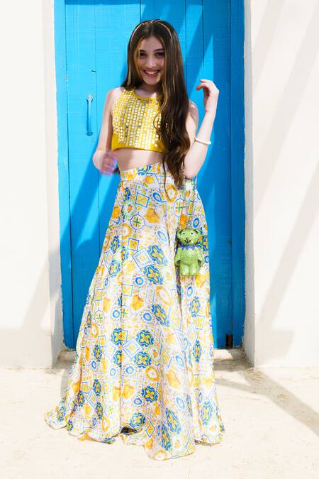 Hoity Moppet_Yellow Silk, Satin Sequins Lemonade Detailed Top With Skirt _Online_at_Aza_Fashions