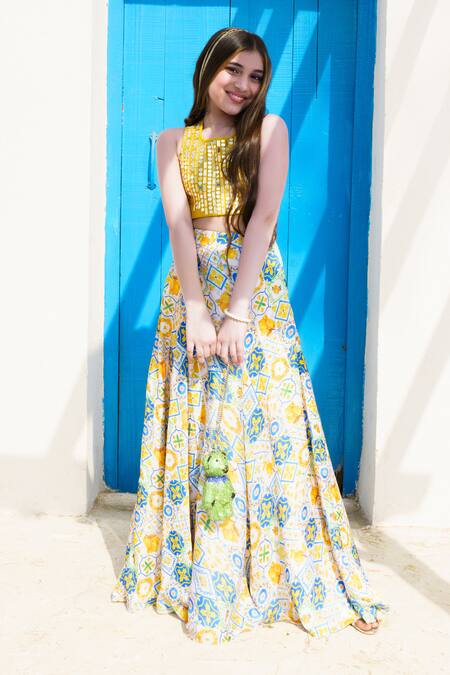 Buy_Hoity Moppet_Yellow Silk, Satin Sequins Lemonade Detailed Top With Skirt _Online_at_Aza_Fashions