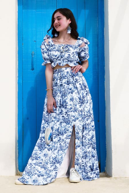 Shop Hoity Moppet Blue Botanical Pattern Top And Skirt Set at Aza Fashions Shop_Hoity Moppet_Blue Botanical Pattern Top And Skirt Set _at_Aza_Fashions