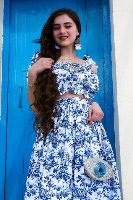 Shop Hoity Moppet Blue Botanical Pattern Top And Skirt Set Online at Aza Fashions Shop_Hoity Moppet_Blue Botanical Pattern Top And Skirt Set _Online_at_Aza_Fashions