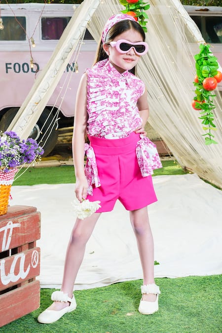 Shop_Hoity Moppet_White Georgette, Crepe, Cotton Panacotta Printed Top With Shorts _at_Aza_Fashions