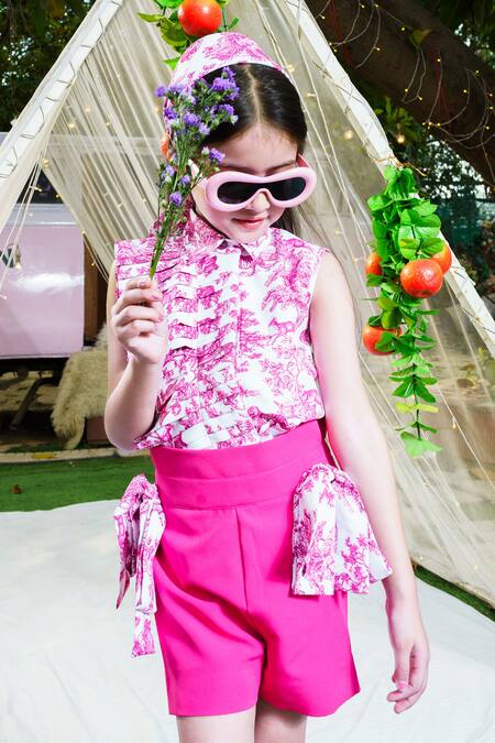 Hoity Moppet_White Georgette, Crepe, Cotton Panacotta Printed Top With Shorts _at_Aza_Fashions