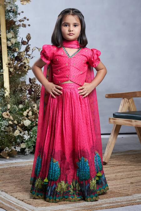 Buy_Vivedkids_Pink Cotton Sequins, Beads Pichwai Print Lehenga Set _Online_at_Aza_Fashions