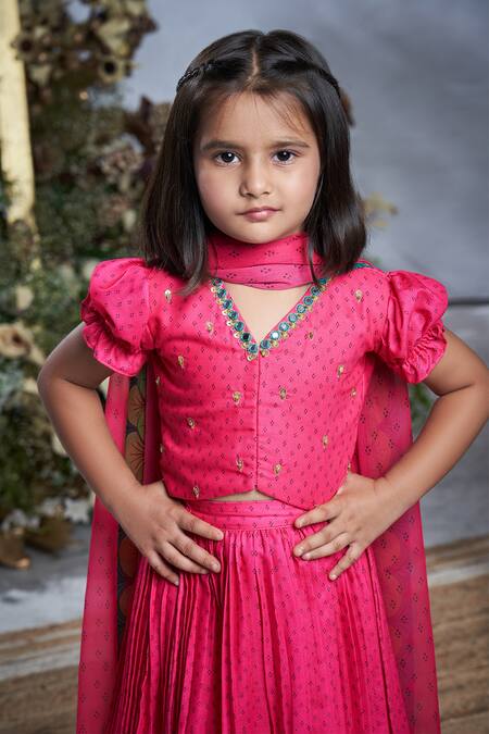 Shop_Vivedkids_Pink Cotton Sequins, Beads Pichwai Print Lehenga Set _Online_at_Aza_Fashions