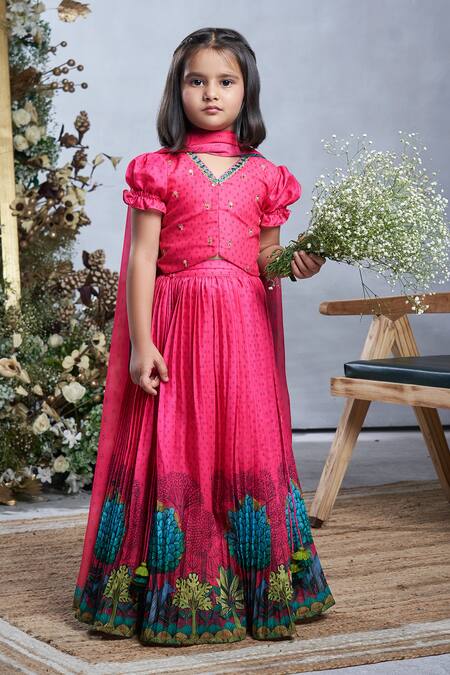 Vivedkids_Pink Cotton Sequins, Beads Pichwai Print Lehenga Set _at_Aza_Fashions
