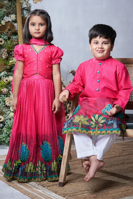 Buy_Vivedkids_Pink Cotton Sequins, Beads Pichwai Print Lehenga Set 