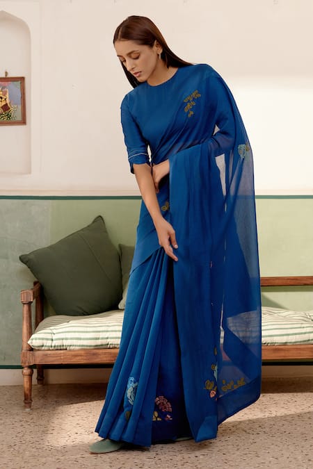 Vaayu Blue Cotton, Muslin Embroidery Round Neck Floral Applique Saree With Blouse Online at Aza Fashions Vaayu_Blue Cotton, Muslin Embroidery Round Neck Floral Applique Saree With Blouse_Online_at_Aza_Fashions