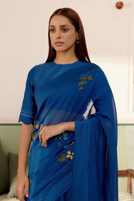 Shop Vaayu Blue Cotton, Muslin Embroidery Round Neck Floral Applique Saree With Blouse Online at Aza Fashions Shop_Vaayu_Blue Cotton, Muslin Embroidery Round Neck Floral Applique Saree With Blouse_Online_at_Aza_Fashions