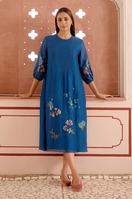 Vaayu Blue Cotton Muslin Embroidery Thread Applique Round Floral Dress Online at Aza Fashions Vaayu_Blue Cotton Muslin Embroidery Thread Applique Round Floral Dress_Online_at_Aza_Fashions