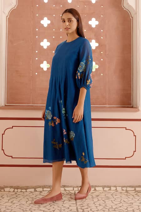 Shop Vaayu Blue Cotton Muslin Embroidery Thread Applique Round Floral Dress Online at Aza Fashions Shop_Vaayu_Blue Cotton Muslin Embroidery Thread Applique Round Floral Dress_Online_at_Aza_Fashions