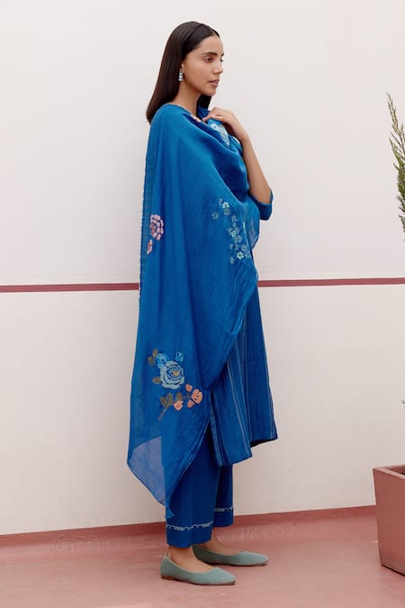 Buy_Vaayu_Blue Cotton, Muslin Embroidery Round Neck Linear Kurta Set_Online_at_Aza_Fashions