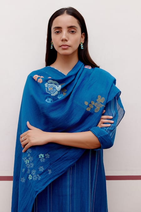 Vaayu_Blue Cotton, Muslin Embroidery Round Neck Linear Kurta Set_at_Aza_Fashions