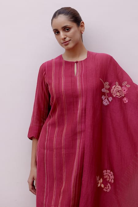 Vaayu Red Cotton, Muslin Embroidery Round Neck Stitchline Kurta Set Online at Aza Fashions Vaayu_Red Cotton, Muslin Embroidery Round Neck Stitchline Kurta Set _Online_at_Aza_Fashions