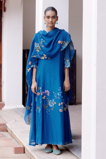 Vaayu Blue Cotton Muslin Embroidery Thread Applique V Floral Anarkali With Dupatta 