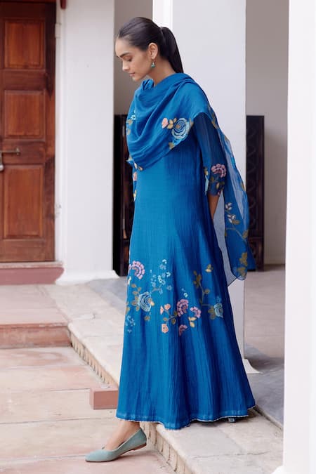 Buy_Vaayu_Blue Cotton, Muslin Embroidery V-neck Floral Applique Anarkali With Dupatta_Online_at_Aza_Fashions
