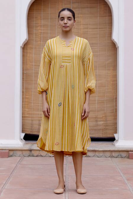 Vaayu_Yellow Cotton, Muslin Split V-neck Linear Stripe Print Dress_Online_at_Aza_Fashions