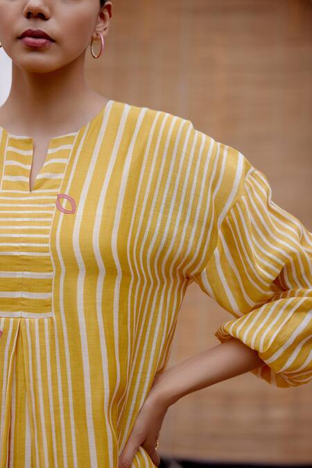 Shop_Vaayu_Yellow Cotton, Muslin Split V-neck Linear Stripe Print Dress_Online_at_Aza_Fashions