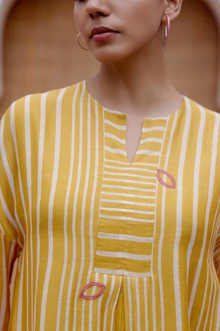 Vaayu_Yellow Cotton, Muslin Split V-neck Linear Stripe Print Dress_at_Aza_Fashions