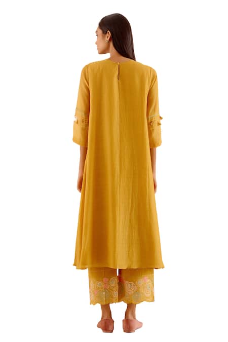 Vaayu Yellow Cotton, Muslin Embroidery Round Neck Pintuck Kurta And Pant Set Online at Aza Fashions Vaayu_Yellow Cotton, Muslin Embroidery Round Neck Pintuck Kurta And Pant Set _Online_at_Aza_Fashions