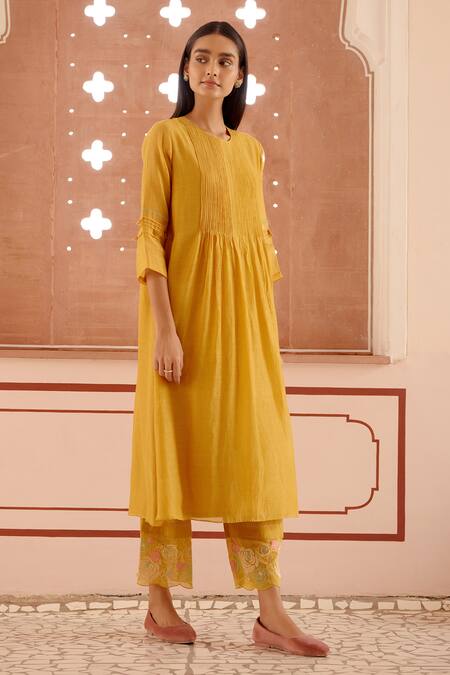 Shop Vaayu Yellow Cotton, Muslin Embroidery Round Neck Pintuck Kurta And Pant Set Online at Aza Fashions Shop_Vaayu_Yellow Cotton, Muslin Embroidery Round Neck Pintuck Kurta And Pant Set _Online_at_Aza_Fashions