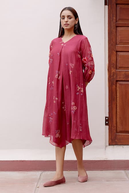 Buy Vaayu Red Cotton, Muslin Embroidery V-neck Floral Asymmetric Dress Online at Aza Fashions Buy_Vaayu_Red Cotton, Muslin Embroidery V-neck Floral Asymmetric Dress _Online_at_Aza_Fashions