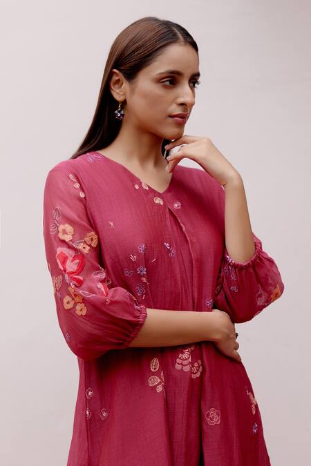 Shop Vaayu Red Cotton, Muslin Embroidery V-neck Floral Asymmetric Dress Online at Aza Fashions Shop_Vaayu_Red Cotton, Muslin Embroidery V-neck Floral Asymmetric Dress _Online_at_Aza_Fashions