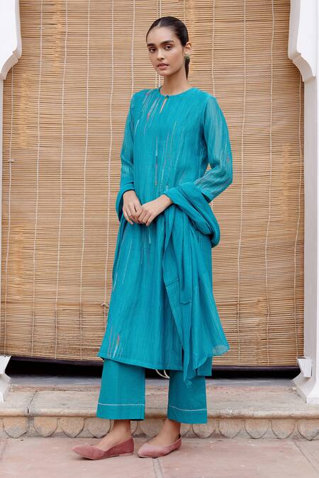 Vaayu_Blue Cotton, Muslin Embroidery Keyhole Neck Linear Kurta Pant Set_Online_at_Aza_Fashions