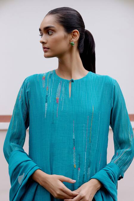 Vaayu_Blue Cotton, Muslin Embroidery Keyhole Neck Linear Kurta Pant Set_at_Aza_Fashions