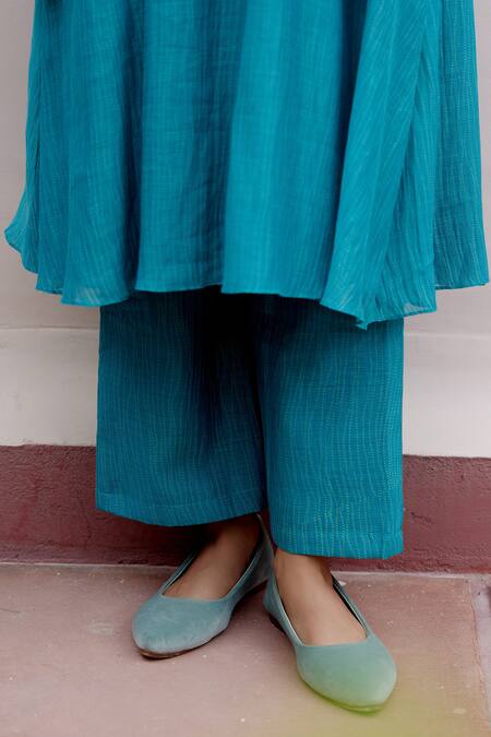 Buy_Vaayu_Blue Cotton, Muslin Embroidery Round Neck Stripe Print Kurta And Pant Set_Online_at_Aza_Fashions