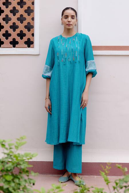 Shop_Vaayu_Blue Cotton, Muslin Embroidery Round Neck Stripe Print Kurta And Pant Set_Online_at_Aza_Fashions