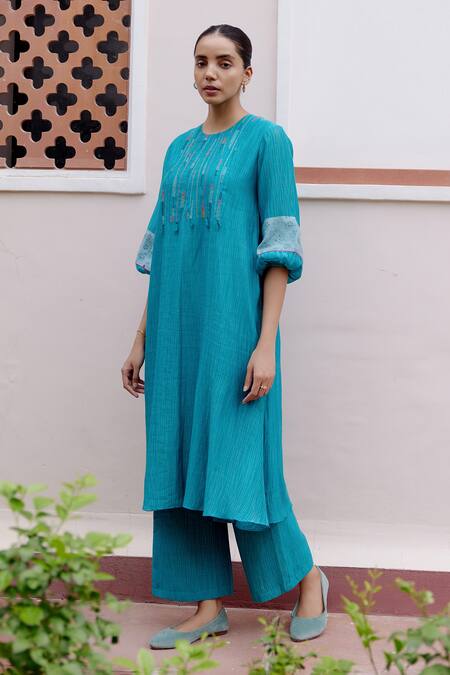 Vaayu_Blue Cotton, Muslin Embroidery Round Neck Stripe Print Kurta And Pant Set_at_Aza_Fashions
