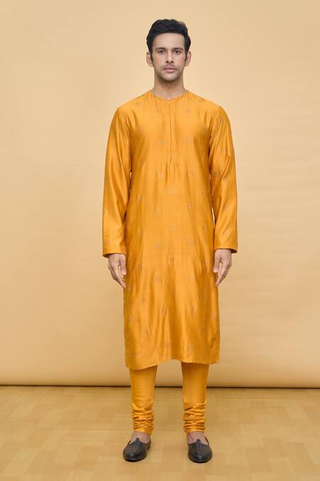 Punit Balana_Yellow Silk, Cotton Embroidery, Mirrors Floral Bundi Kurta Set _Online_at_Aza_Fashions