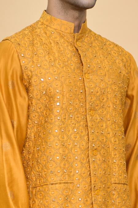 Buy_Punit Balana_Yellow Silk, Cotton Embroidery, Mirrors Floral Bundi Kurta Set _Online_at_Aza_Fashions