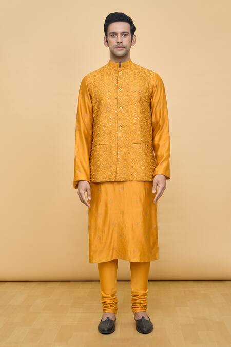 Shop_Punit Balana_Yellow Silk, Cotton Embroidery, Mirrors Floral Bundi Kurta Set _Online_at_Aza_Fashions