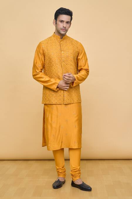 Punit Balana_Yellow Silk, Cotton Embroidery, Mirrors Floral Bundi Kurta Set _at_Aza_Fashions