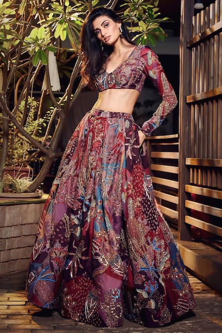 Aisha Rao Purple Organza Blouse  Plunging V Neck Embellished Lehenga Set 