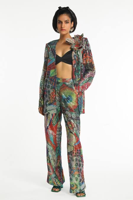 Aisha Rao_Multi Color Tulle Sequins, Applique Luxora Abstract Print Jacket Pant Set _at_Aza_Fashions