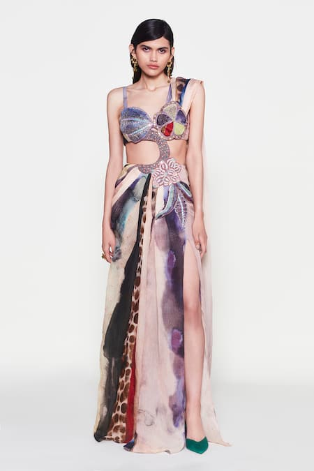 Shop_Aisha Rao_Purple Sequins Sweetheart Neck Amandine Embroidered Saree Gown _Online_at_Aza_Fashions
