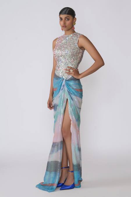 Buy_Aisha Rao_Blue Tulle Sequins Round Neck Aura Embellished Knot Gown 