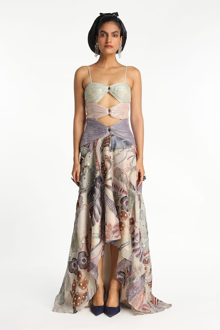 Shop_Aisha Rao_Purple Organza, Lurex Sequins, Zari Enchante Printed And Embellished Gown _Online_at_Aza_Fashions