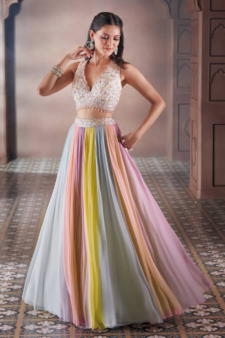 Buy Aariyana Couture Multi Color Viscose, Silk, Net Embroidery, Stones Pleated Lehenga Blouse Set Online at Aza Fashions Buy_Aariyana Couture_Multi Color Viscose, Silk, Net Embroidery, Stones Pleated Lehenga Blouse Set _Online_at_Aza_Fashions