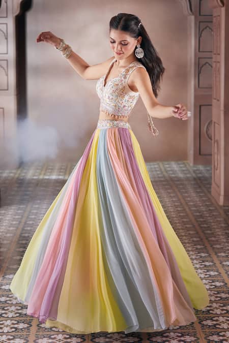 Shop Aariyana Couture Multi Color Viscose, Silk, Net Embroidery, Stones Pleated Lehenga Blouse Set Online at Aza Fashions Shop_Aariyana Couture_Multi Color Viscose, Silk, Net Embroidery, Stones Pleated Lehenga Blouse Set _Online_at_Aza_Fashions