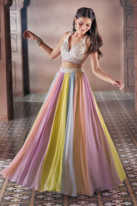 Aariyana Couture Multi Color Viscose, Silk, Net Embroidery, Stones Pleated Lehenga Blouse Set at Aza Fashions Aariyana Couture_Multi Color Viscose, Silk, Net Embroidery, Stones Pleated Lehenga Blouse Set _at_Aza_Fashions
