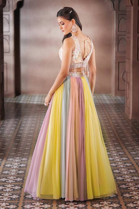 Shop Aariyana Couture Multi Color Viscose, Silk, Net Embroidery, Stones Pleated Lehenga Blouse Set Shop_Aariyana Couture_Multi Color Viscose, Silk, Net Embroidery, Stones Pleated Lehenga Blouse Set