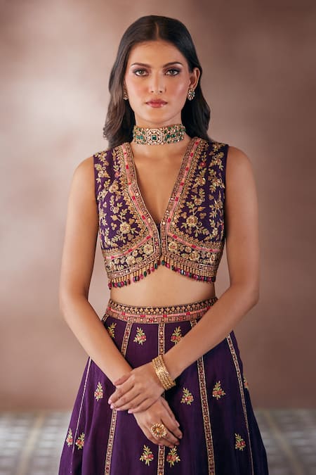 Aariyana Couture_Purple Bamboo Embroidery, Stones, Zari Plunge Neck Floral Lehenga And Blouse Set_Online_at_Aza_Fashions