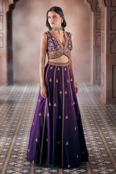 Buy_Aariyana Couture_Purple Bamboo Embroidery, Stones, Zari Plunge Neck Floral Lehenga And Blouse Set_Online_at_Aza_Fashions