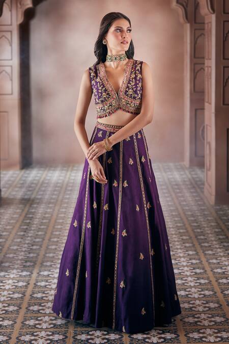 Shop_Aariyana Couture_Purple Bamboo Embroidery, Stones, Zari Plunge Neck Floral Lehenga And Blouse Set_Online_at_Aza_Fashions