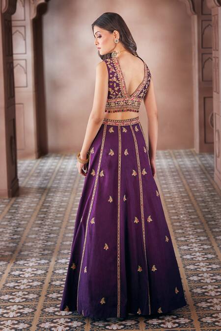 Shop_Aariyana Couture_Purple Bamboo Embroidery, Stones, Zari Plunge Neck Floral Lehenga And Blouse Set_at_Aza_Fashions