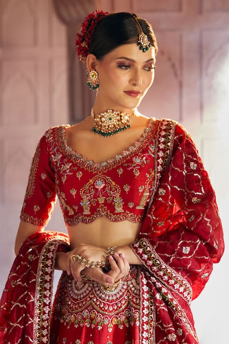 Buy_Aariyana Couture_Red , , Sequins, Beads, Floral Raw Bridal Lehenga Set _Online_at_Aza_Fashions